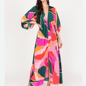 Vici Pink and Green Abstract Kimono Maxi Dress